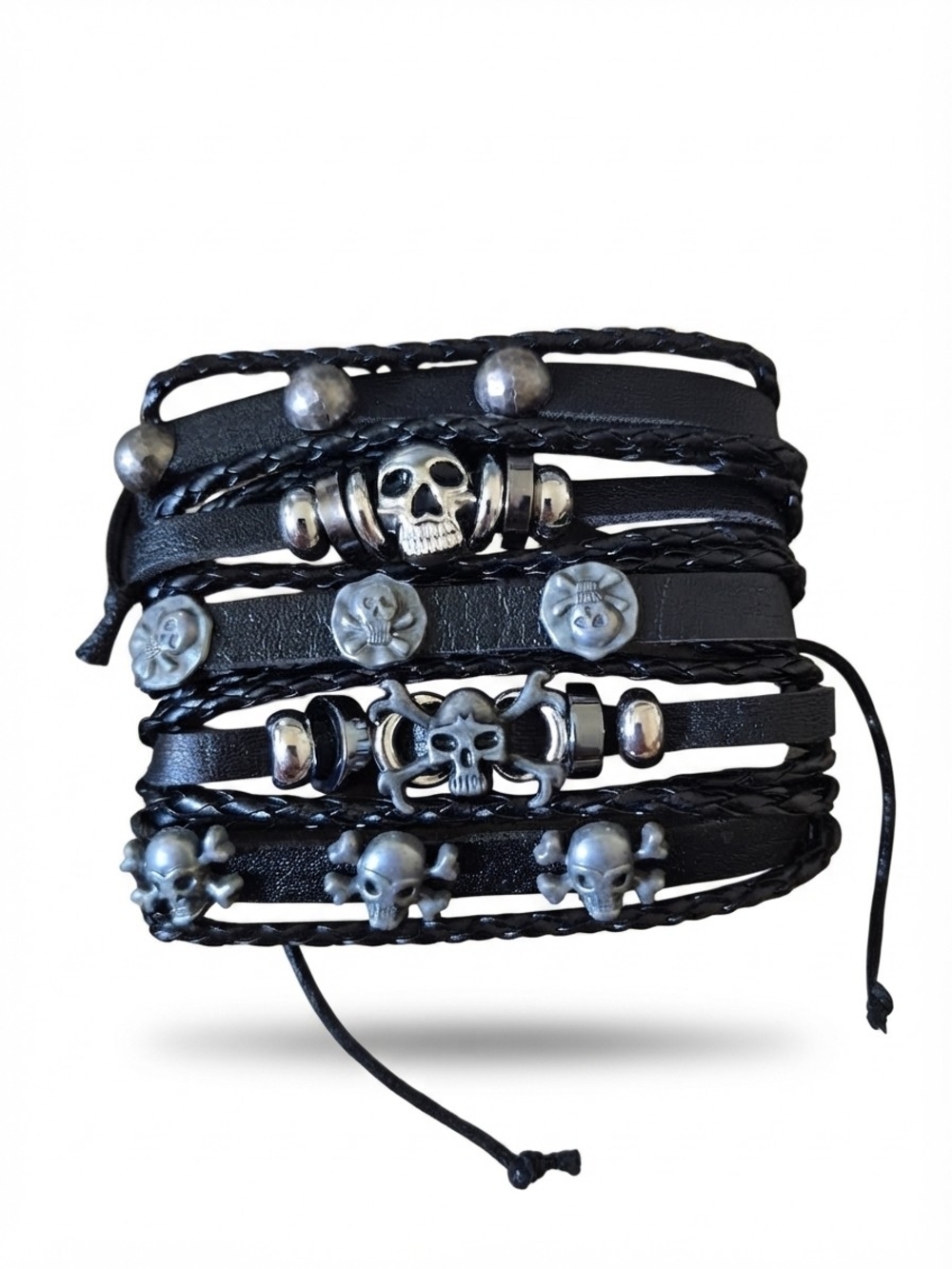 NWT 6 Piece Black Skull Leather Wrap Bracelets  (0379)